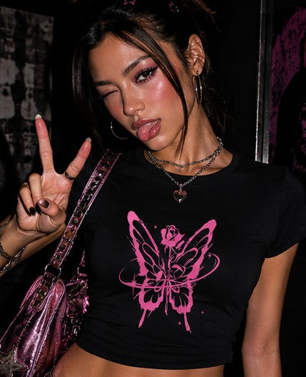 Pink Butterfly Rose Baby Tee